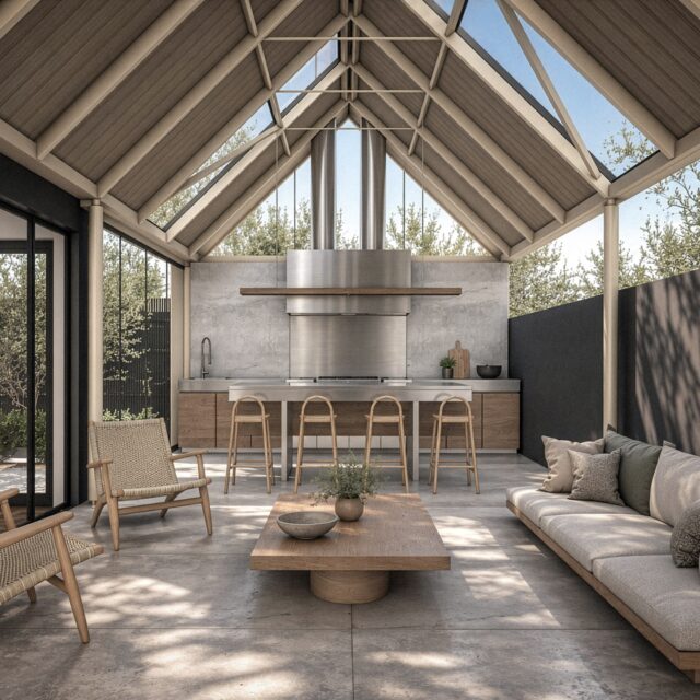 QUINCHO CASA PIPA
Las Condes, Santiago
En construcción

Una estructura metálica en A define una nueva sección para el quincho, elevando el cielo y desprendiéndose de la geometría de la casa existente. La operación construye una espacialidad más vertical y contenida bajo una única cubierta, en contraste con los cielos bajos de la vivienda.